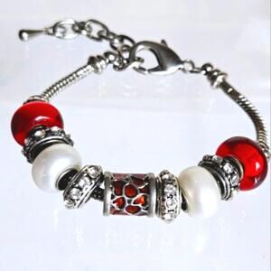 Bella Perlina Red Glass Silver Tone Slide Charm Bracelet